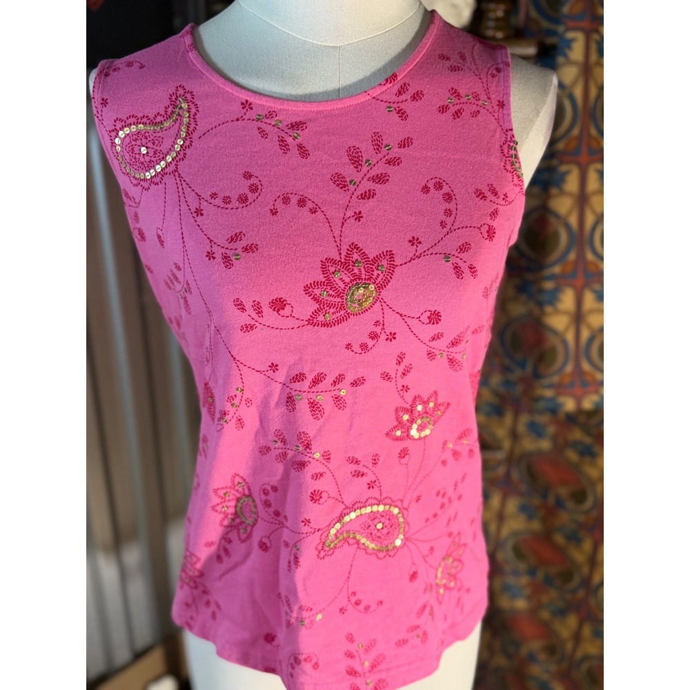 Croft & Barrow Pink Floral Paisley Sequin Sleeveless Tank Top Small
